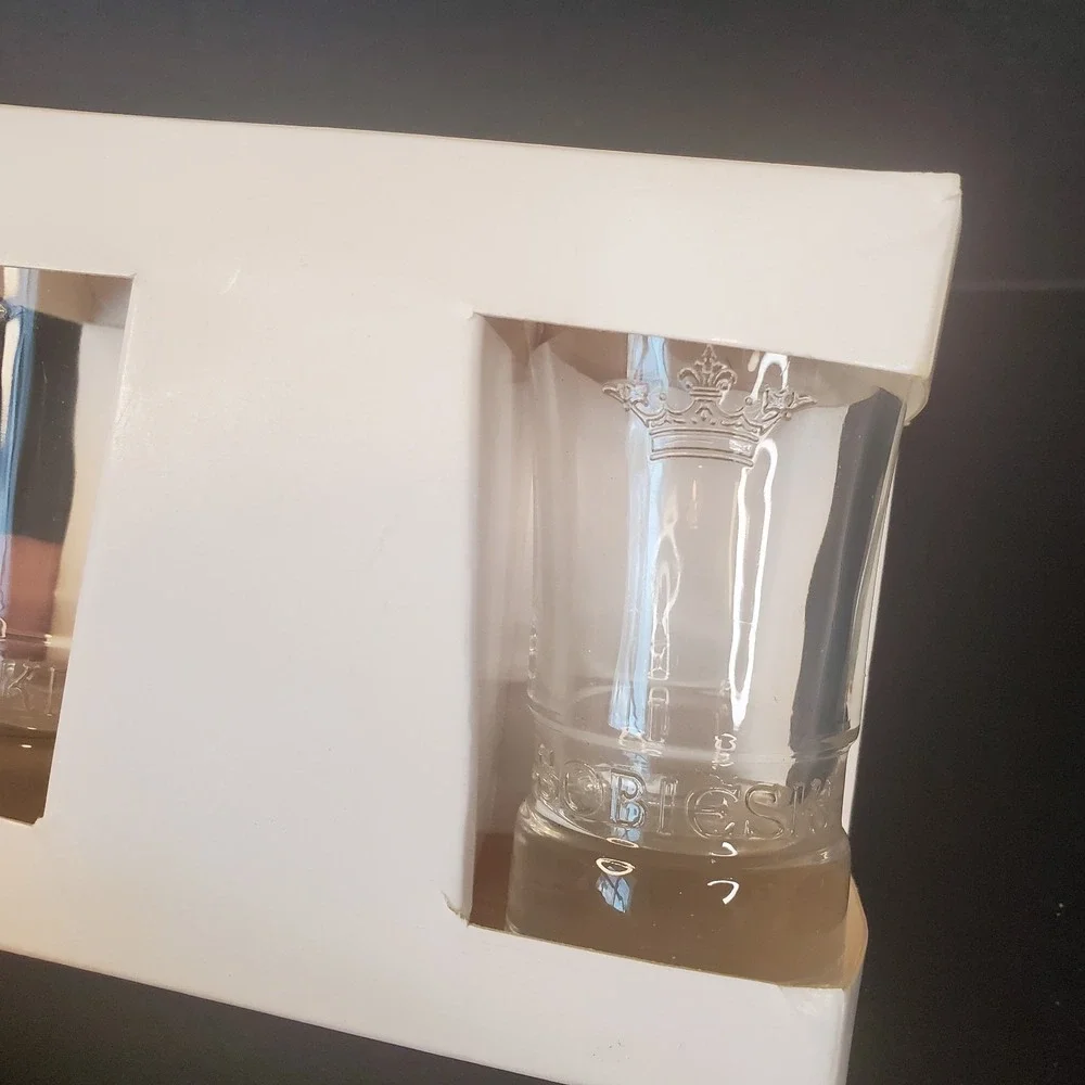 Set Of 2 Sobieski Polish Vodka Shot Glasses Embossed Crown Logo Barware